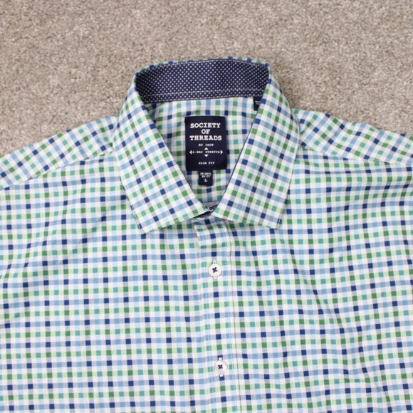 Society of Threads Flip Cuff Shirt Mens Large Green Slim 4 Way Stretch No Iron - Picture 6 of 14